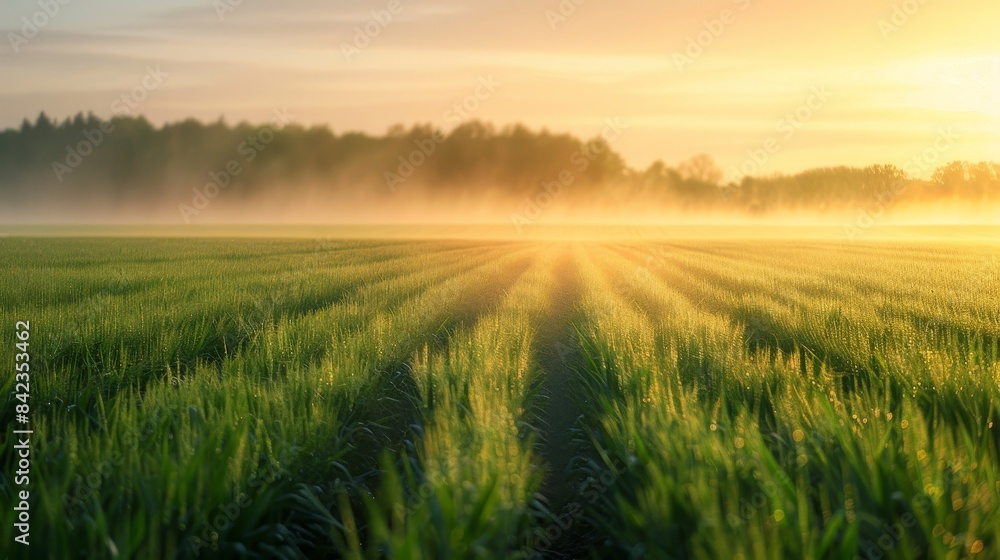 A serene spring morning in a cornfield, sprinklers creating fine sprays that glisten in the first light, nurturing the fresh green growth A serene spring morning in a cornfield, sprinklers creating fine sprays that glisten in the first light, nurturing the fresh green growth