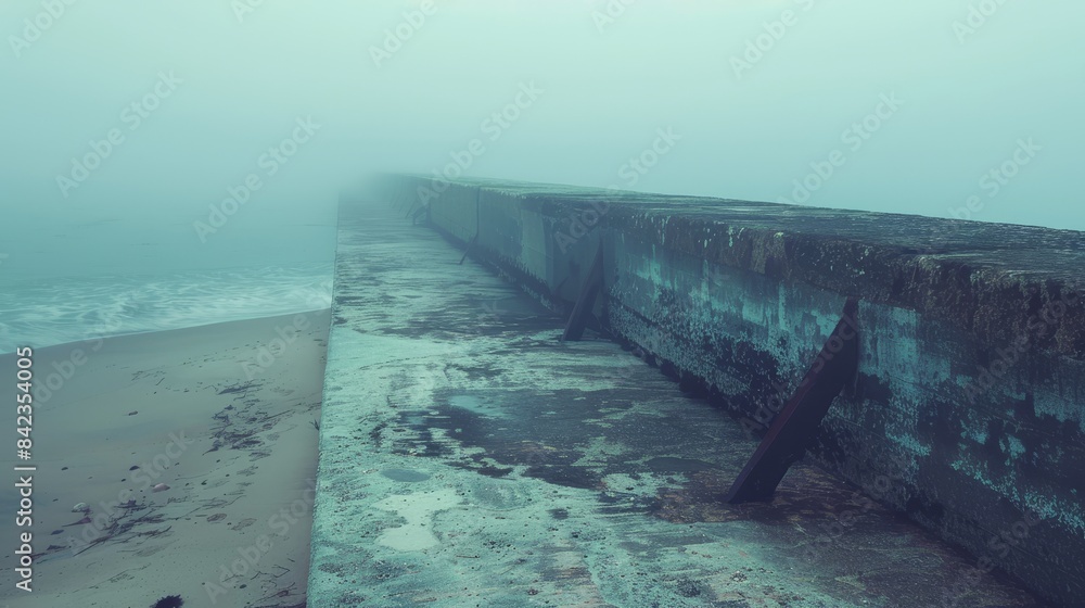 Beach enveloped in thick fog, morning light casting faint glows on a weathered concrete wall, quiet and surreal scene Beach enveloped in thick fog, morning light casting faint glows on a weathered concrete wall, quiet and surreal scene