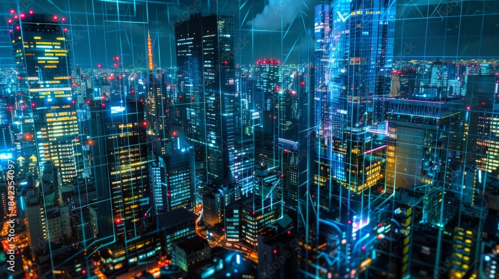 A cyberpunk cityscape at night with holographic grid displays projected onto skyscrapers.