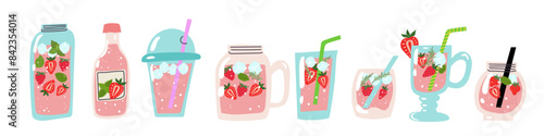 A set of strawberry lemonade. Summer berry refreshing beverage with strawberry and mint.