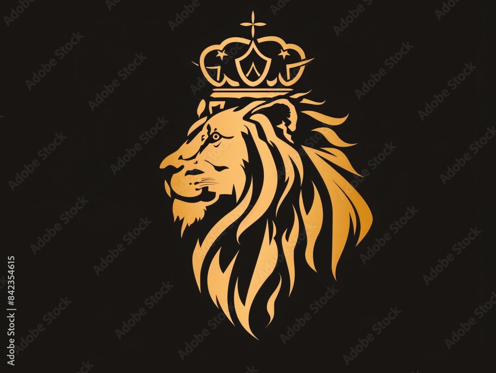 Fototapeta premium Innovative design or high contrast: A strong gold lion head with a pointed crown, juxtaposed against a deep black vacuum, is depicted in this stencil artwork.