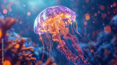 Glowing jellyfish swim deep in blue sea. Medusa neon jellyfish fantasy in space cosmos among stars, glowing jellyfish chrysaora pacifica underwater