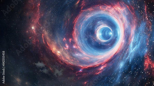 A stunning visual of a cosmic whirlpool enhanced by contrasting blue and red colors symbolizing energy and chaos