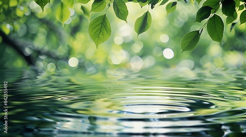 A serene image featuring green leaves over tranquil rippling water, perfect for themes of nature and peacefulness.
