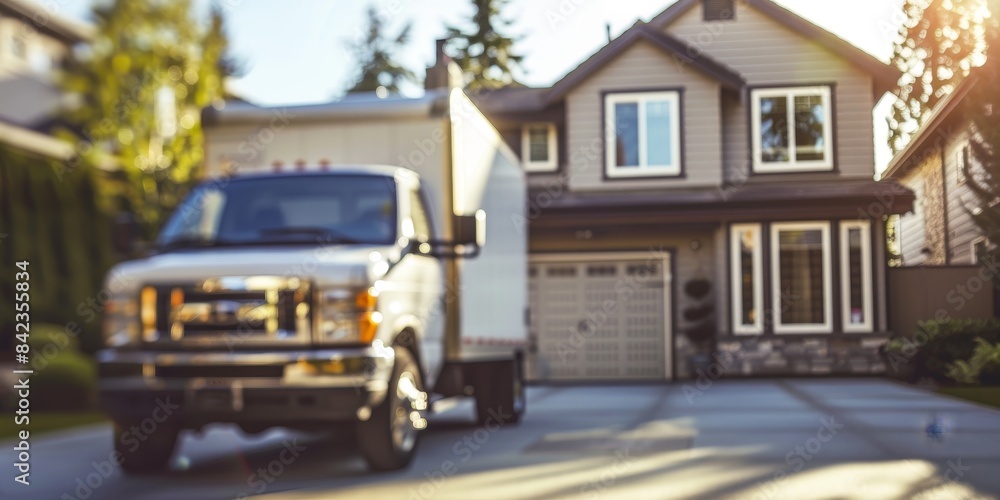 Obraz premium A moving truck is parked in front of a house