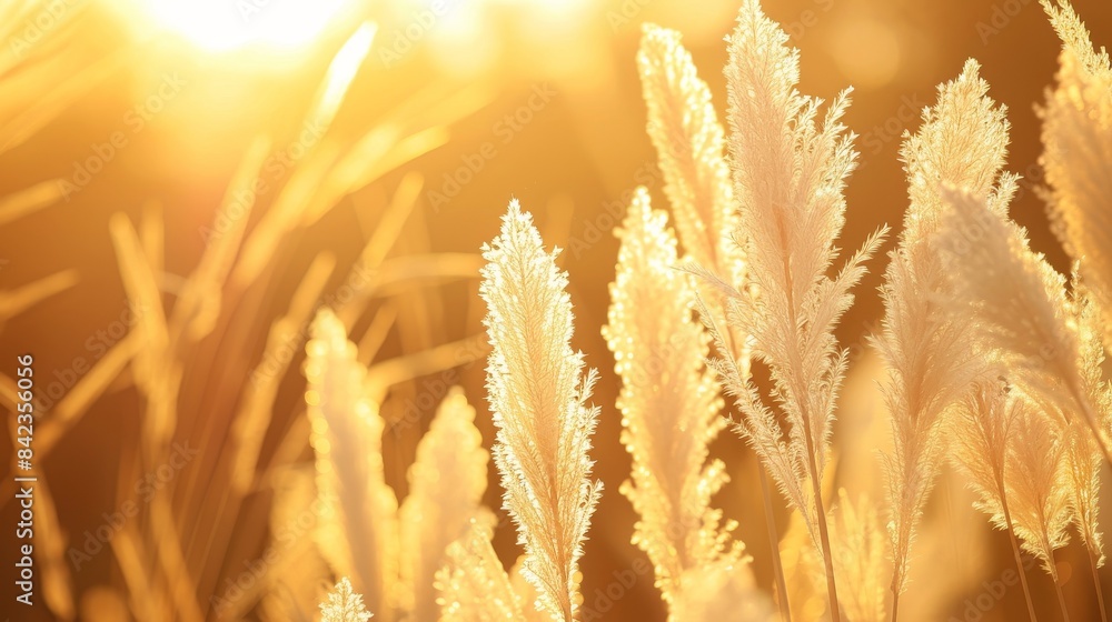 Close-up of fluffy pampas grass with fine feather-like textures, backlit against a soft, blurred golden sunset background Close-up of fluffy pampas grass with fine feather-like textures, backlit against a soft, blurred golden sunset background