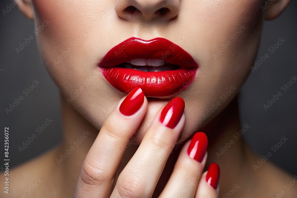 Naklejka premium A sexy woman touching her painted red lips with a manicure on her red nails. Cosmetic products, fashionable lipstick, lip gloss and nail polish. A sensual woman.