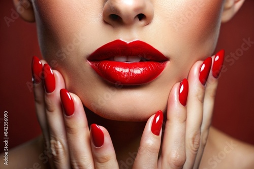 A sexy woman touching her painted red lips with a manicure on her red nails. Cosmetic products, fashionable lipstick, lip gloss and nail polish. A sensual woman.