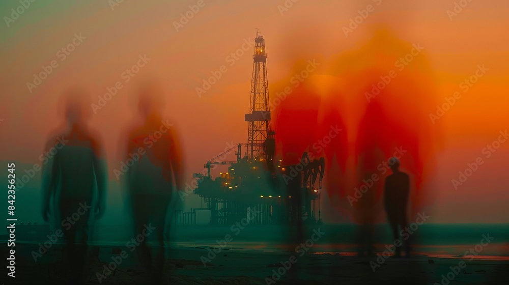 Fototapeta premium Blurred silhouettes of oil drillers working on an oil rig at sunrise, the outline of the derrick barely visible, adding a raw, atmospheric touch