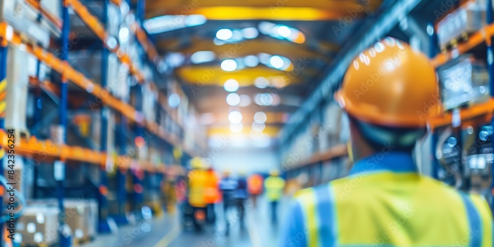 The photo shows a warehouse with a worker wearing a hard hat and safety vest. The photo shows a warehouse with a worker wearing a hard hat and safety vest.
