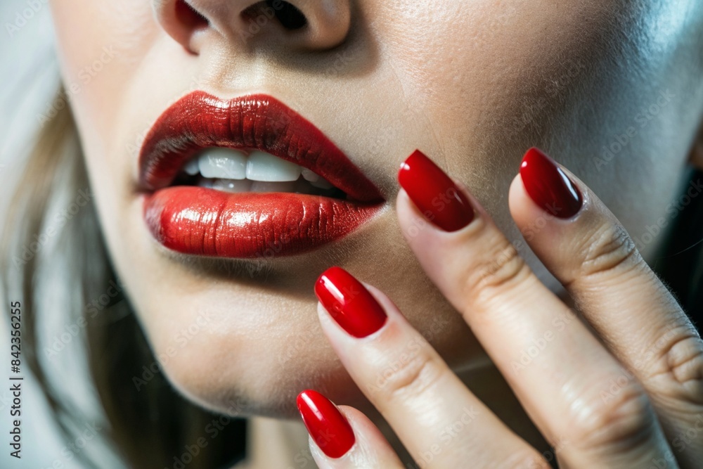 Naklejka premium A sexy woman touching her painted red lips with a manicure on her red nails. Cosmetic products, fashionable lipstick, lip gloss and nail polish. A sensual woman.