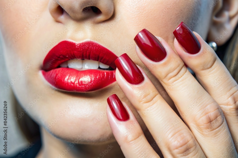 Naklejka premium A sexy woman touching her painted red lips with a manicure on her red nails. Cosmetic products, fashionable lipstick, lip gloss and nail polish. A sensual woman.