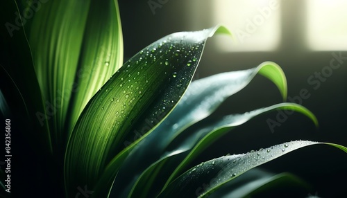 An image of a large Dracaena trifasciata leaf with water droplets on its surface photo