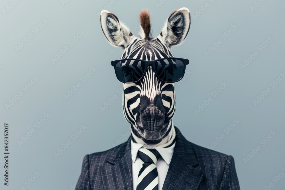 Obraz premium A zebra wearing a suit and sunglasses is a surreal and eye-catching image