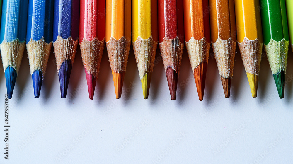 A freshly sharpened set of colored pencils laid out in a rainbow order on a crisp white sheet of paper.