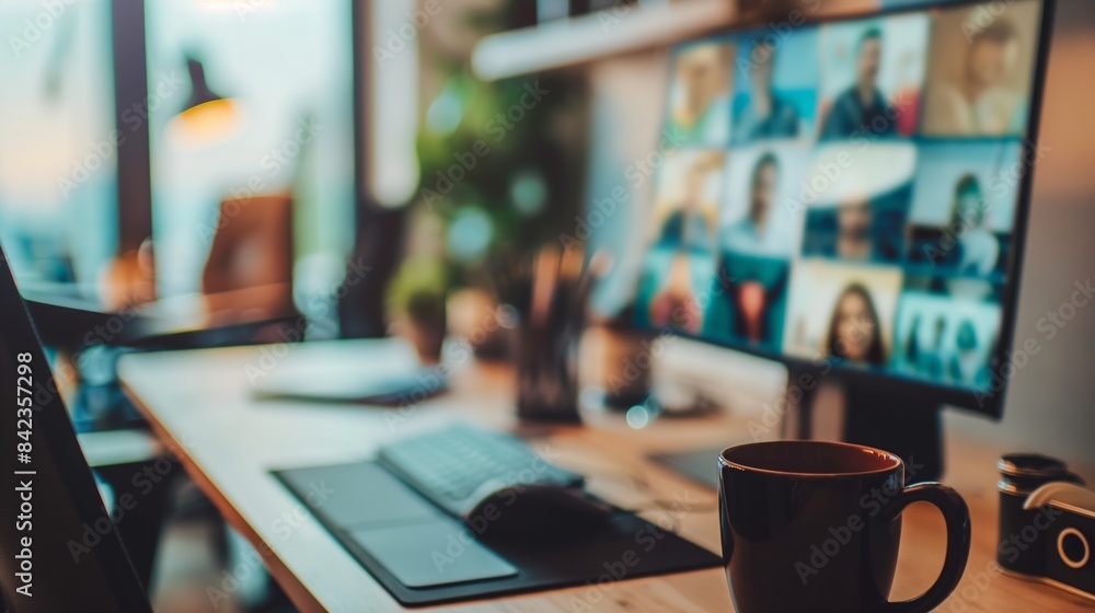 A comfortable and stylish home office setup featuring a computer screen with multiple video call windows and cozy lighting