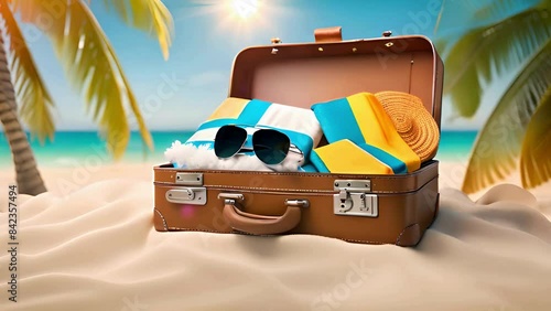 Open travel suitcase featuring an exotic destination inside, complete with a vacation travel time banner and copy space area