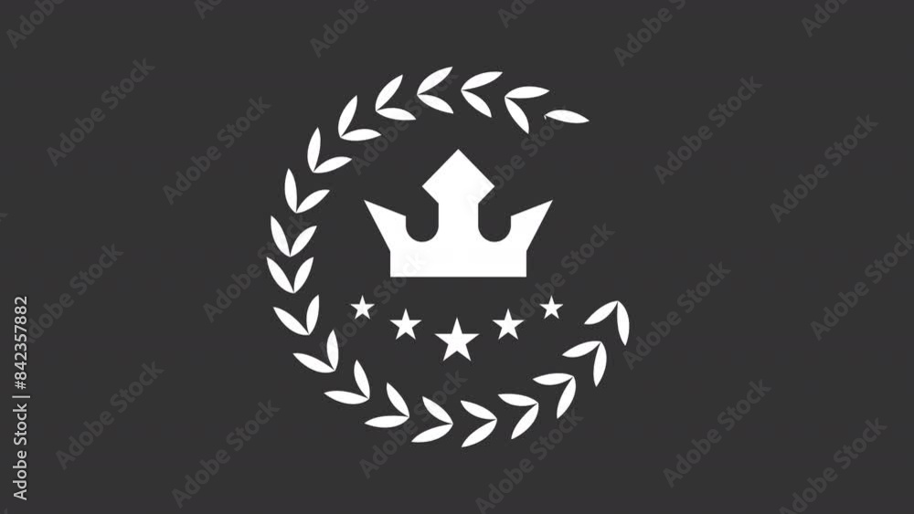 Premium symbol animation. Animated laurel wreath with crown and stars white icon. Laurel frame. Awards ceremony. Isolated illustration on dark background. Transition alpha video. Motion graphic Premium symbol animation. Animated laurel wreath with crown and stars white icon. Laurel frame. Awards ceremony. Isolated illustration on dark background. Transition alpha video. Motion graphic
