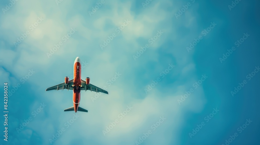Blurred background of low cost airline airplane against blue sky