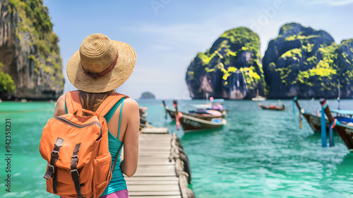 Back view of a tourist woman with backpack at beautiful island photo
