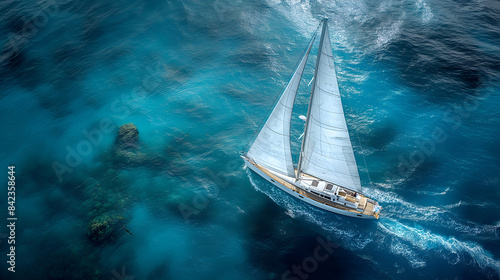 A dinghy sailing gracefully across calm, clear blue sea water