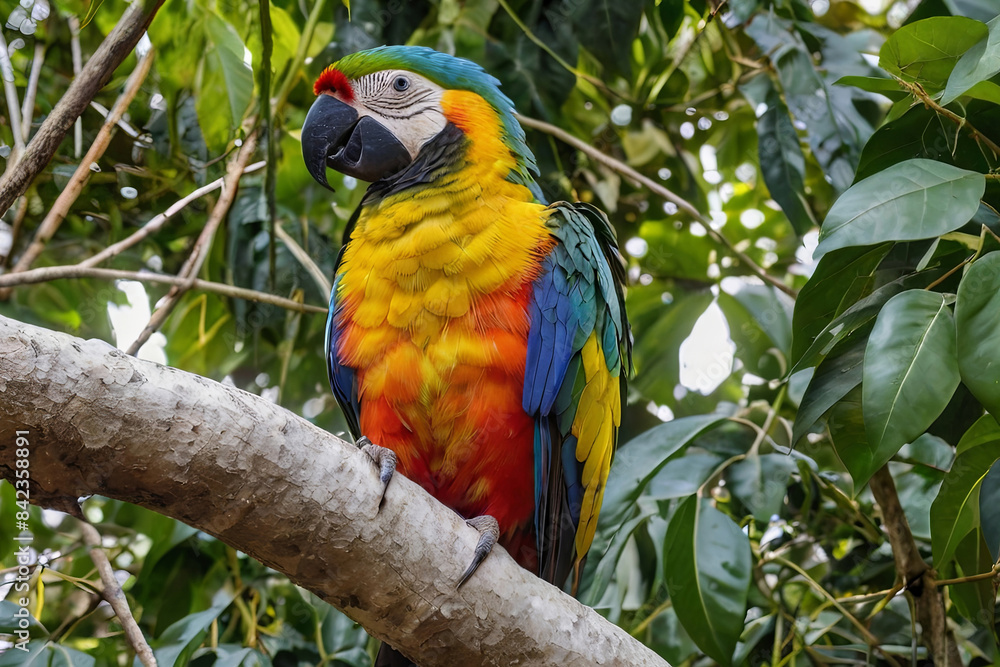 Professional nature photograph of a macaw perched in a jungle tree. Wild parrot in the forest, vibrant colors. Professional nature photograph of a macaw perched in a jungle tree. Wild parrot in the forest, vibrant colors.