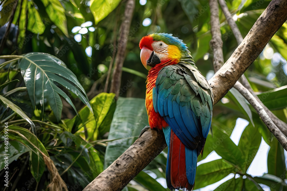 Obraz premium Professional nature photograph of a macaw perched in a jungle tree. Wild parrot in the forest, vibrant colors.