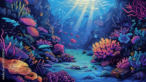 Colorful comic-style underwater scene, vibrant corals, oversized marine creatures with bold outlines, treasure chests, sun rays piercing through water
