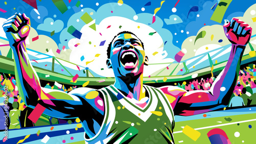 Triumphant Basketball Player Celebrating Victory on Court with Fans