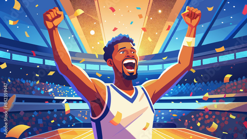 Euphoric Basketball Player Celebrating Victory in Arena with Confetti