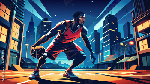 Dynamic Urban Basketball Player Illustration Under City Lights
