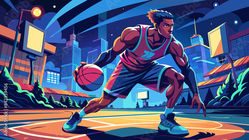 Dynamic Basketball Player in Action during Vibrant Night Game