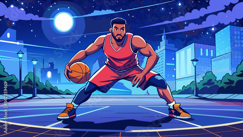 Urban Night Basketball Game Illustration: Athletic Player on Court