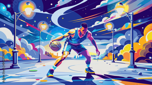 Vibrant Nighttime Basketball in Retro Neon Style