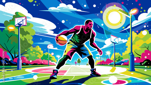 Dynamic Basketball Player Dribbling on Vibrant Court Illustration