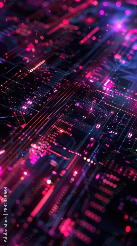 Futuristic circuit board with glowing pink and purple lights showcasing a high tech aesthetic. Futuristic circuit board with glowing pink and purple lights showcasing a high tech aesthetic.
