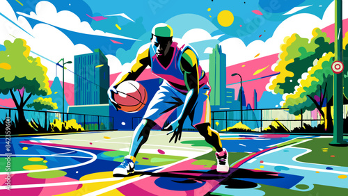 Vibrant Urban Basketball Player in Action on Colorful Court