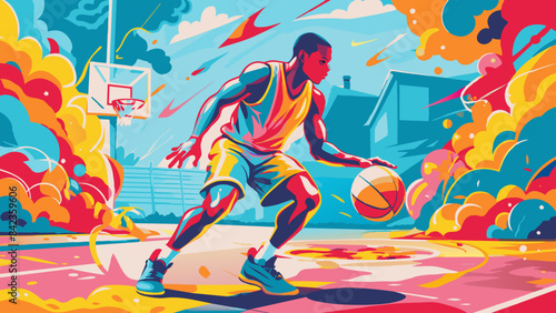Dynamic Basketball Player in Action on Vibrant Court Illustration