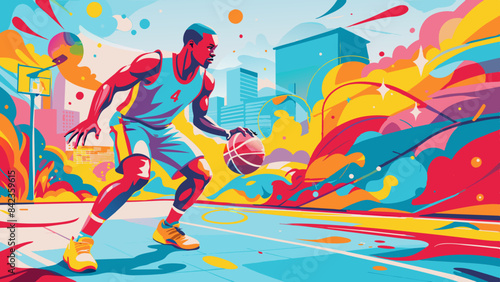 Dynamic Basketball Player in Vibrant Abstract Court Illustration