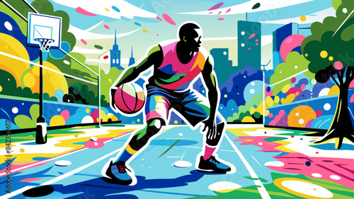 Vibrant Urban Basketball Player in Action on Colorful Court
