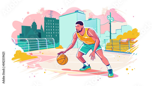 Vibrant Urban Basketball Player Dribbling in Dynamic Cityscape Illustration