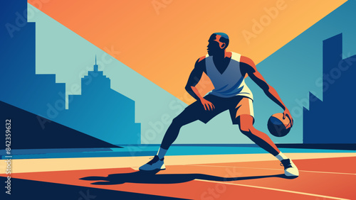 Urban Basketball Player Dribbling on Outdoor Court at Sunset