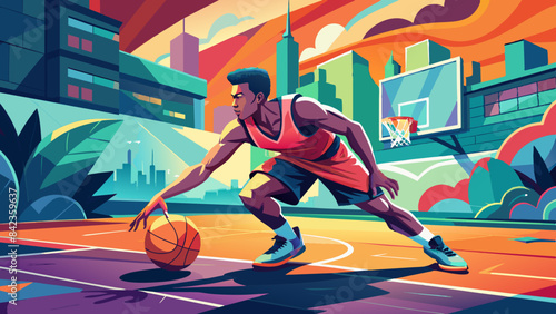 Dynamic Basketball Player Dribbling on Urban Court at Sunset