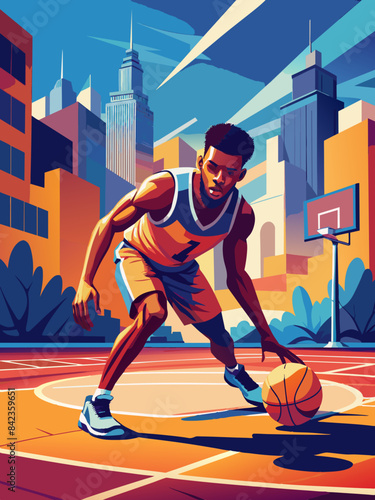 Urban Basketball Player Dribbling on Vibrant Court