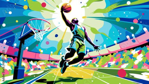 Dynamic Basketball Player Slam Dunking in Vibrant Abstract Court