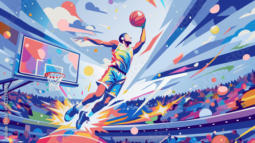 Dynamic Basketball Player Making Slam Dunk in Vibrant Arena