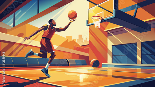 Dynamic Outdoor Basketball Player Slam Dunking at Sunset
