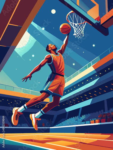 Dynamic Basketball Player Making a Slam Dunk in an Indoor Arena