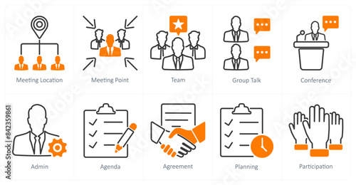 A set of 10 meeting icons as meeting location, meeting point, team