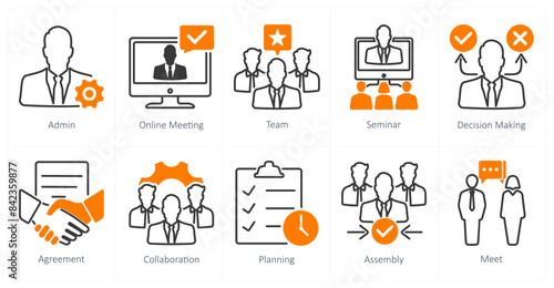A set of 10 meeting icons as admin, online meeting, team